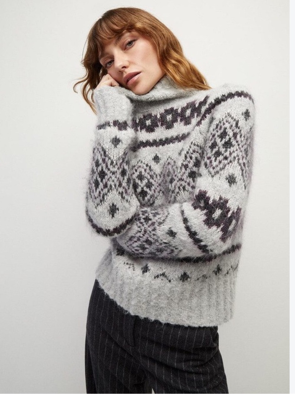 Veronica Beard Chiana Sweater M Grey Fair Isle Alpaca Mohair Blend Mock Neck